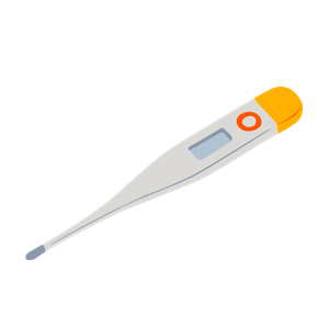 Digital thermometer with an orange button and display screen.