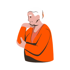 Illustration of an elderly woman with white hair wearing an orange sweater, touching her chin thoughtfully.