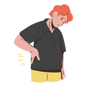 Person in black shirt and yellow shorts holding their lower back with pain indicated by yellow zigzag lines.