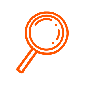 Orange magnifying glass icon with a circular lens and a straight handle.