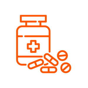 Orange line art of a medicine bottle with a cross on the label and several pills and capsules beside it.