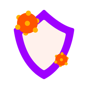 Purple shield with two orange virus particles symbolizing protection against viruses.