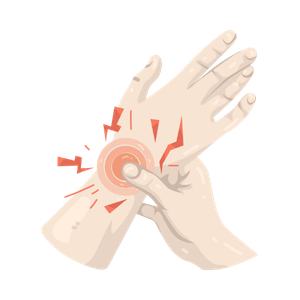 Illustration of one hand pressing the wrist of the other hand with red pain indicators around the wrist.