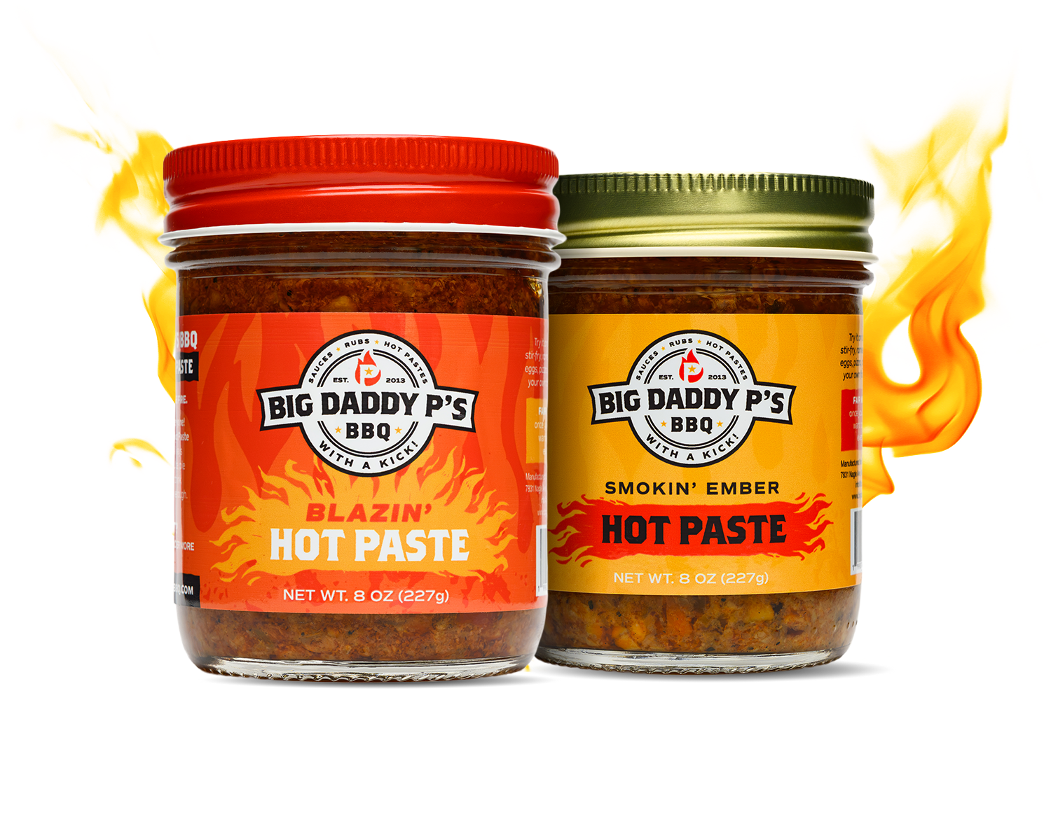 Two jars of Big Daddy P's BBQ hot paste sauces with flames behind them.