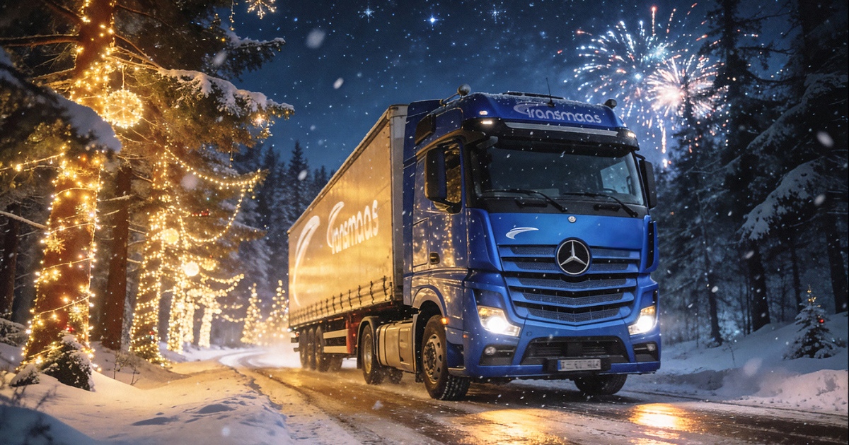 Caminhão Transmaas em cenário festivo de Natal com neve e fogos de artifício