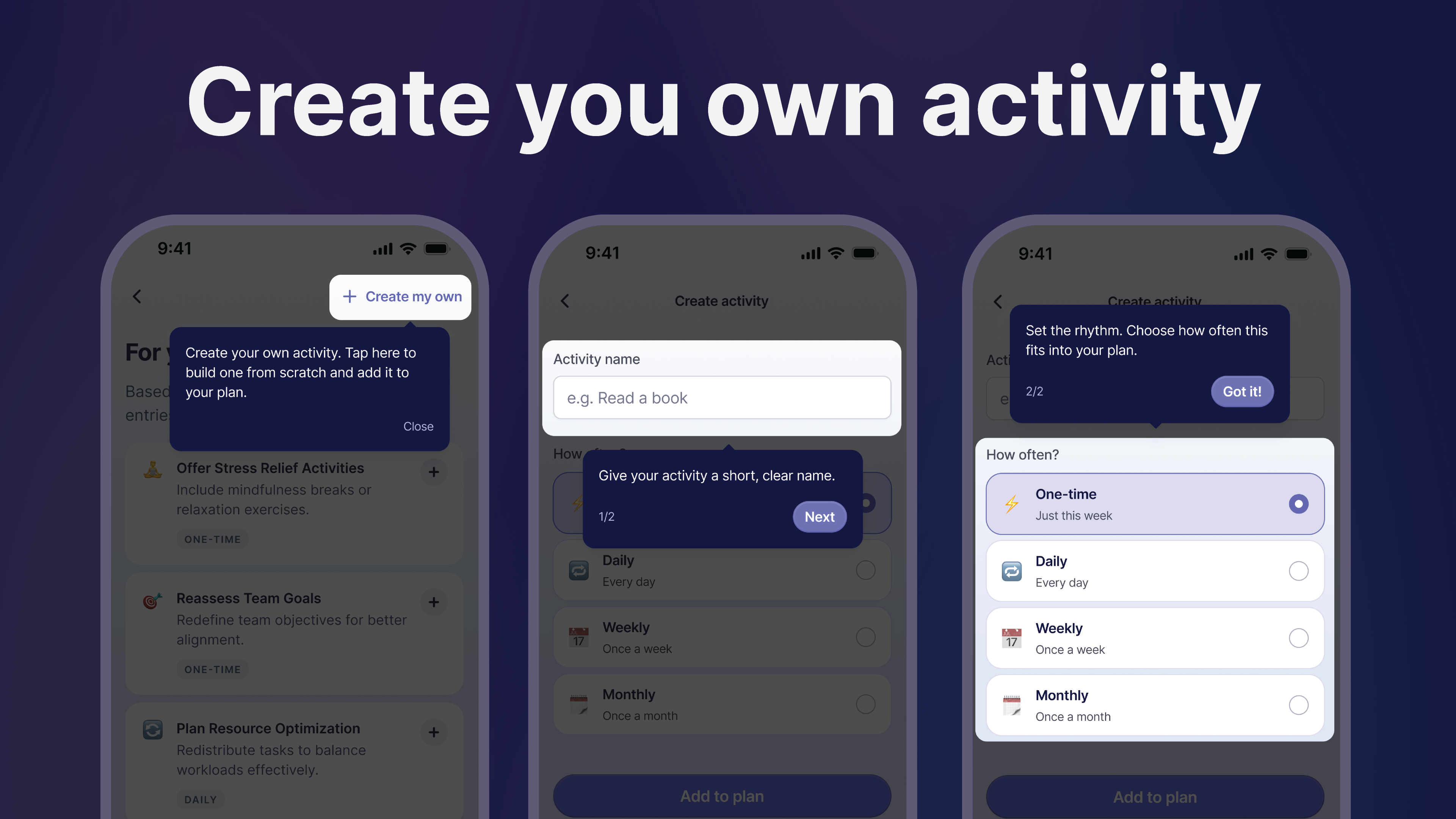 Naming a custom activity and choosing how often it repeats