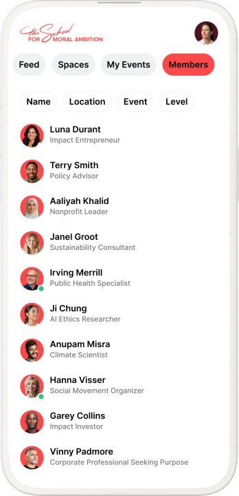 Mobile app screen titled 'Members' showing a list of member profiles with names, roles, and small circular profile photos.