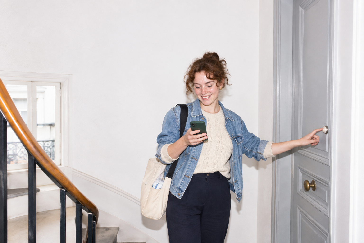 Infirmière libérale devant la porte d'un patient, smartphone en main