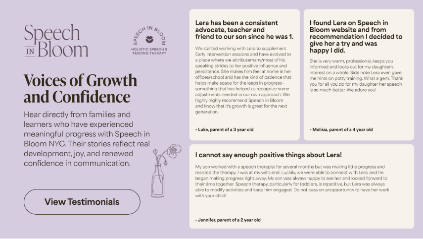 Positive Reviews and Testimonials by Parents for Speech in Bloom