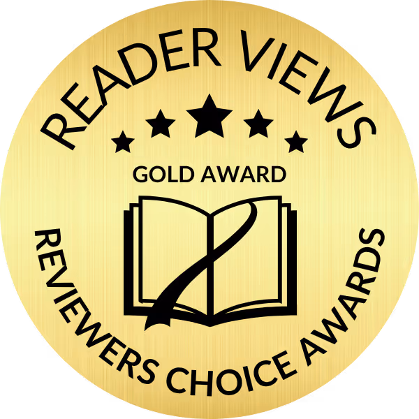 Gold circular emblem with text Reader Views Reviewers Choice Awards and Gold Award around an open book icon with stars above it.
