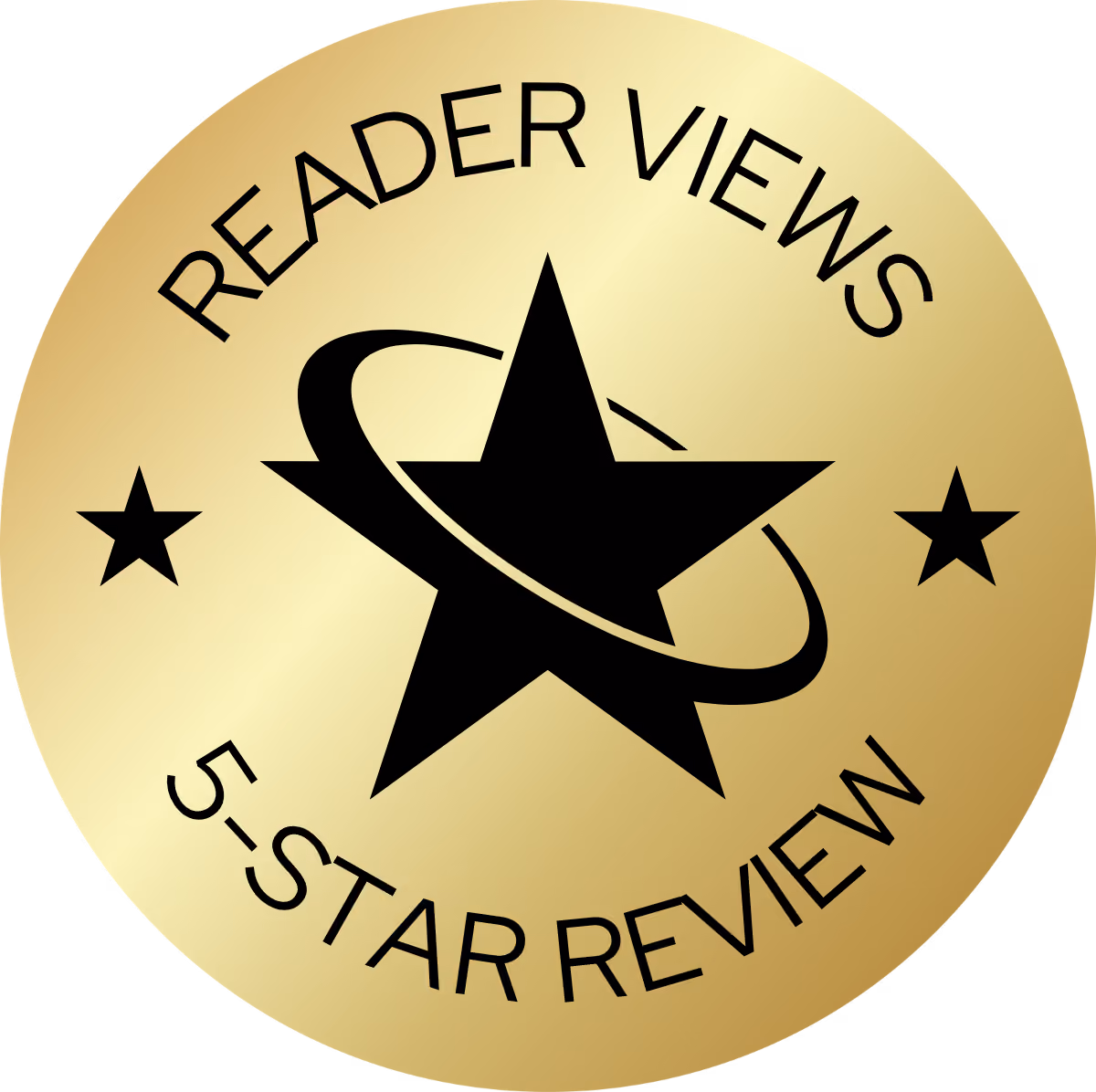 Gold circular badge featuring a large black star with an orbit-like curve around it, flanked by two smaller black stars, with the text 'READER VIEWS' above and '5-STAR REVIEW' below.