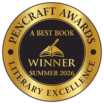 Gold circular seal with black center that reads 'Pencraft Awards Literary Excellence' around the edge, and 'A Best Book Winner Summer 2026' with an open book and pen icon in the center.