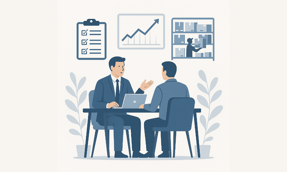 Zwei Geschäftsleute im Gespräch über Fulfillment Beratung, um Logistikprozesse und Lageroptimierung zu verbessern – symbolisiert durch Diagramme, Checklisten und Lagerregale im Hintergrund.