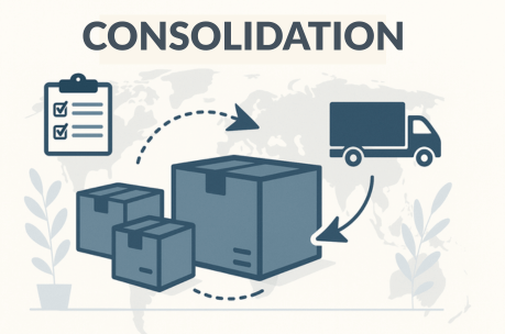 Warehouse worker consolidating multiple packages onto one pallet – visual explanation of shipment consolidation in logistics.