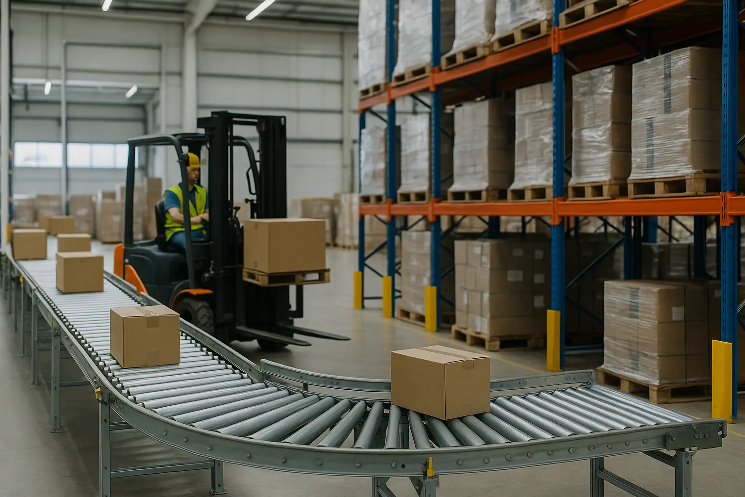 Effizienter Lager Materialfluss in einem modernen Logistiklager mit Förderband, Gabelstapler und Palettenregalen beim innerbetrieblichen Warenumschlag