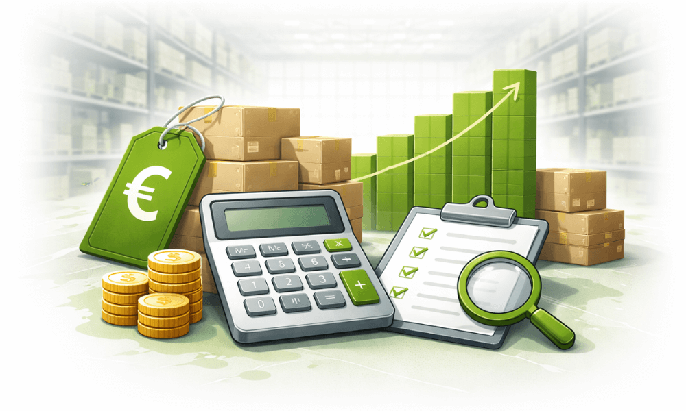 Minimalistisches Beitragsbild zu JTL Fulfillment Kosten mit Paketen, Preisschild, Taschenrechner, Checkliste und ansteigendem Balkendiagramm im Lagerkontext.