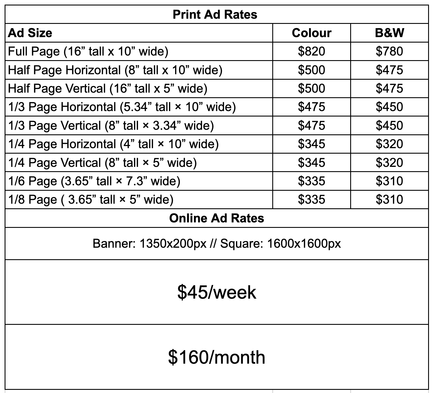 Advtertising rates for Arthur Newspaper from $45 per week online. Email editors AT trent arthur DOT CA for more information or to arrange a meeting.