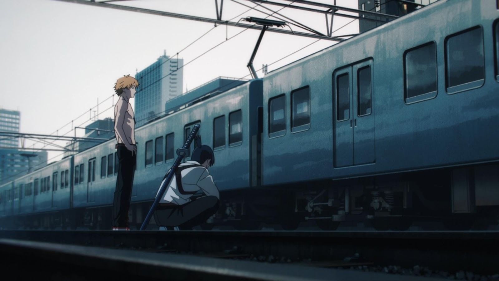 A cartoon of two men standing next to a trainAI-generated content may be incorrect.