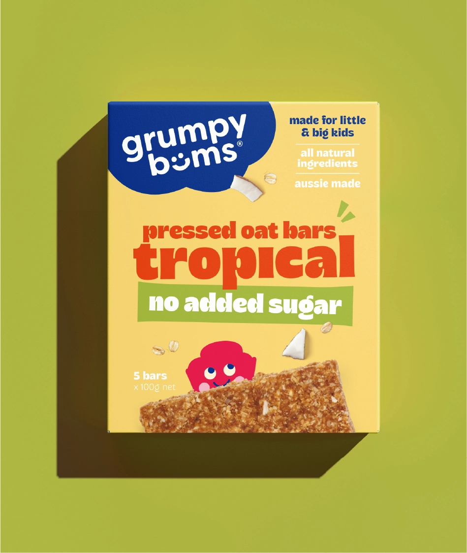WeAreDepot Packaging Design, Grumpy Bums Tropical pressed oat bar box flat lay on a bright green background, Australian no added sugar kids snack packaging