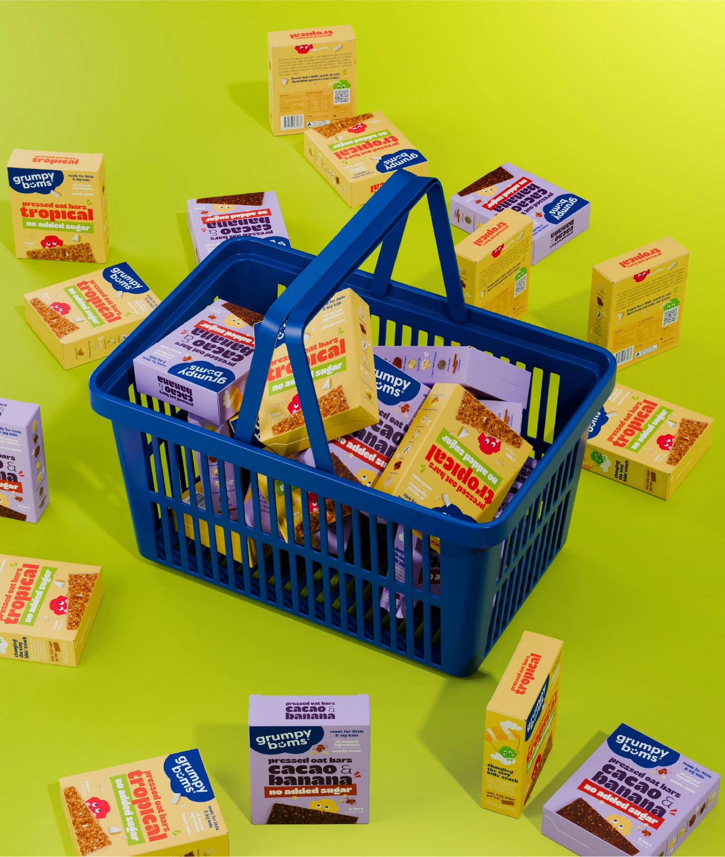 WeAreDepot Packaging Design, blue shopping basket filled with Grumpy Bums pressed oat bar boxes on a green background, Australian retail-ready kids snack brand
