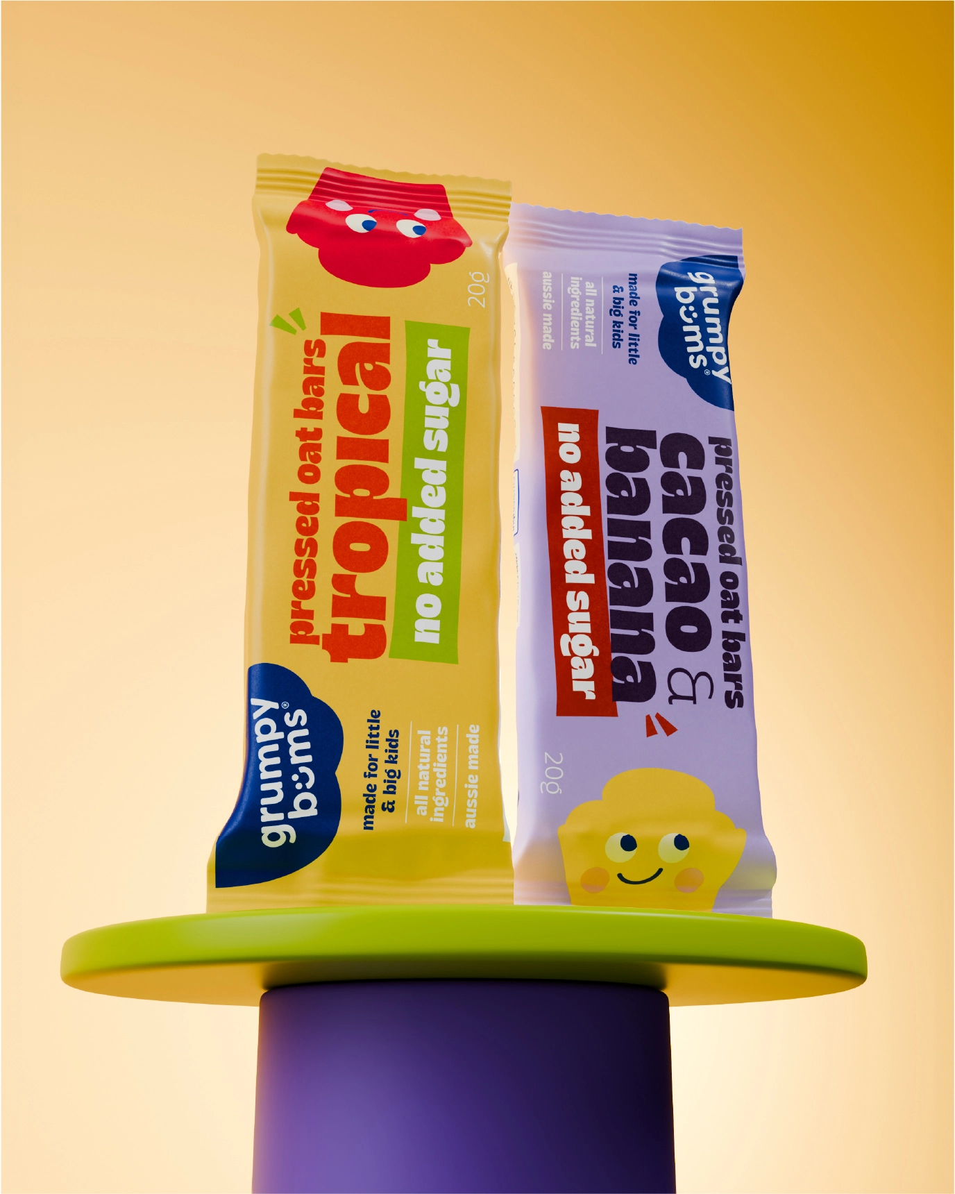 WeAreDepot Packaging Design, Grumpy Bums pressed oat bar range standing upright showing three colour-coded flavour variants on a yellow-green background, Australian kids snack packaging design
