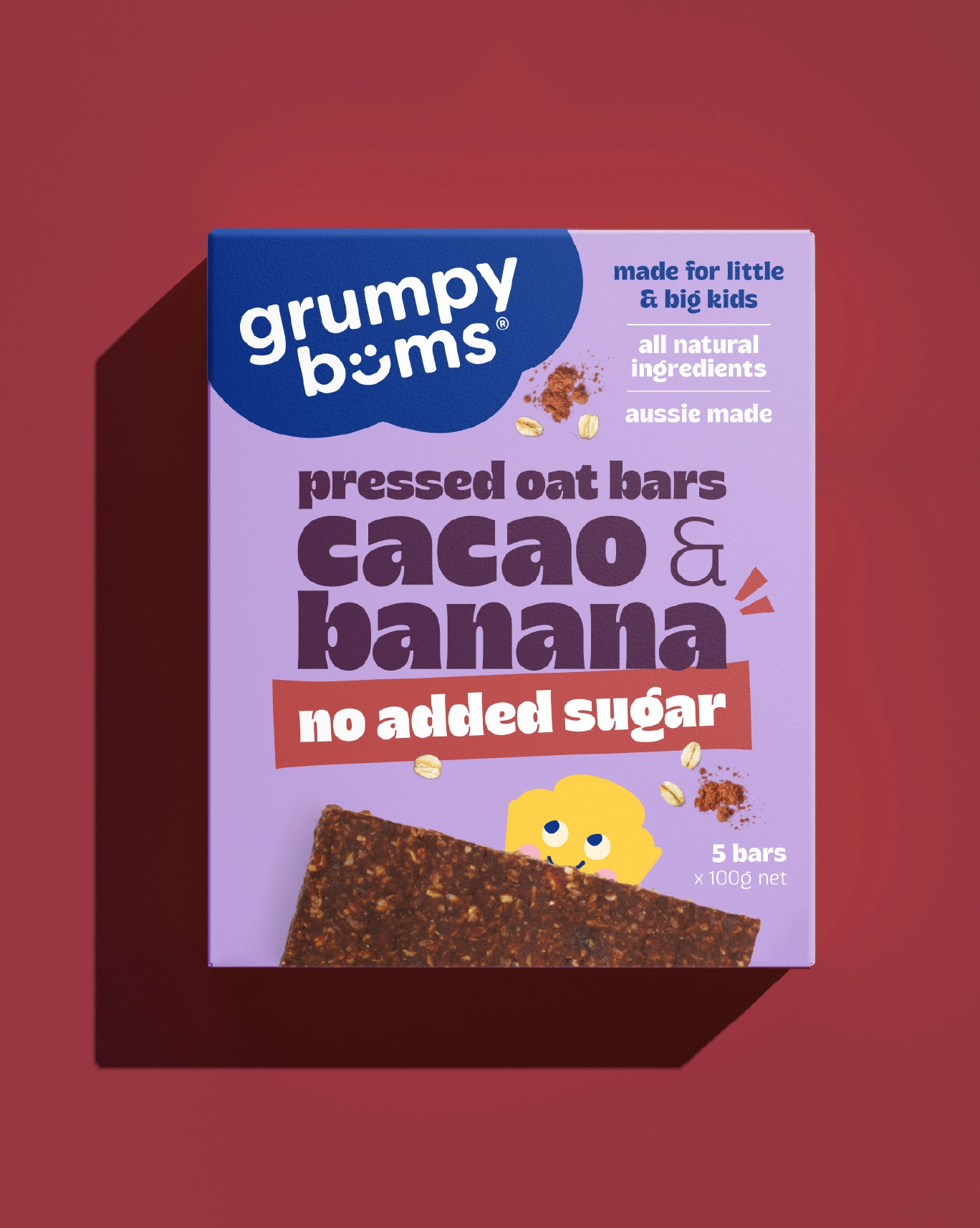 WeAreDepot Packaging Design, Grumpy Bums Cacao Banana pressed oat bar front panel showing no added sugar banner and character illustration on a dark red background, Australian kids healthy snack packaging