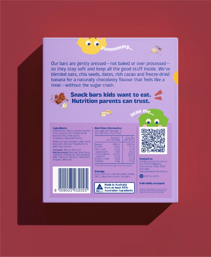 WeAreDepot Packaging Design, Grumpy Bums pressed oat bar back panel displaying ingredients and nutritional information on a purple background, Australian all-natural kids snack brand