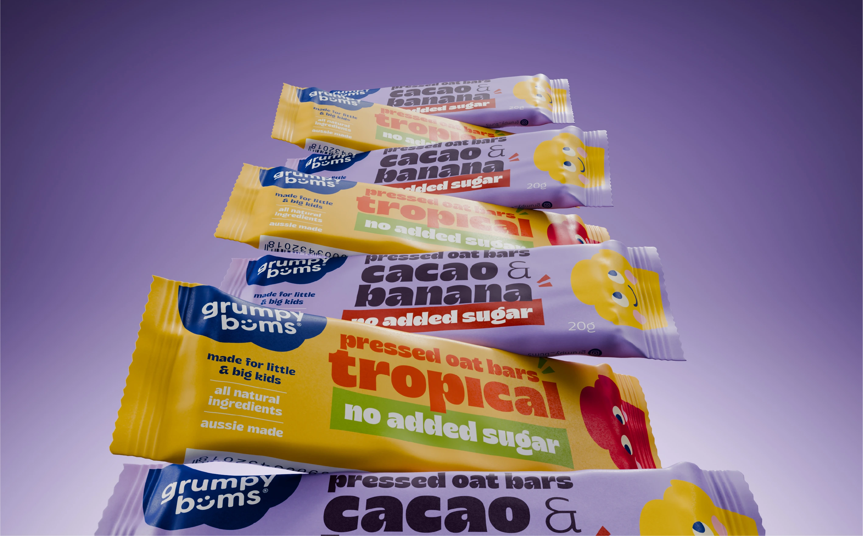 WeAreDepot Packaging Design, Grumpy Bums pressed oat bar range stacked on a purple background showing Cacao Banana and Tropical flavour variants, Australian no added sugar kids snack brand