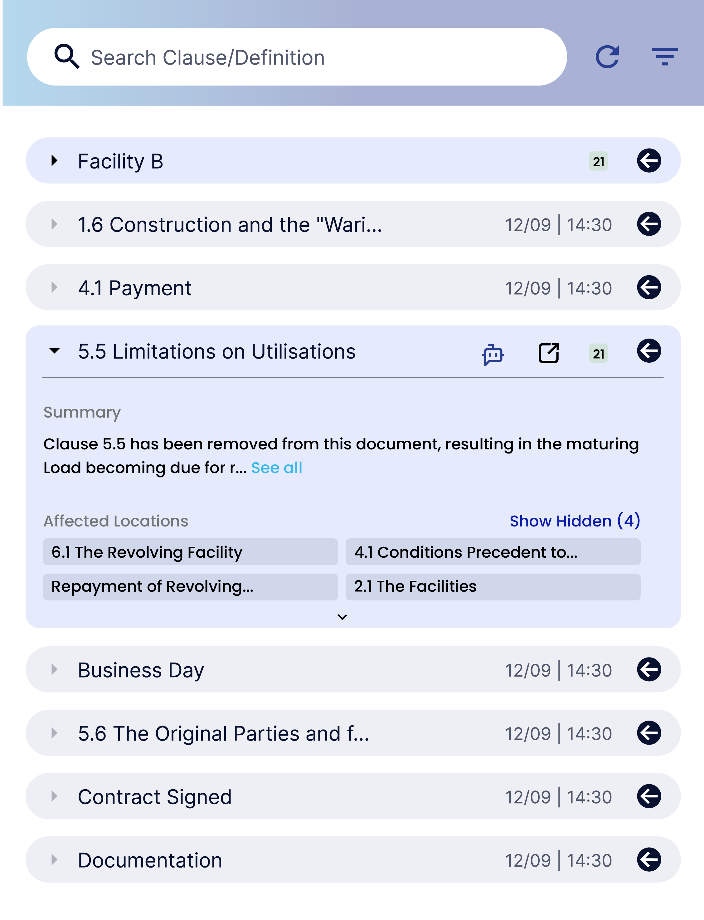 A screenshot of the Definely Cascade sidebar, showing the changes found, and that they show specific provisions and locations.