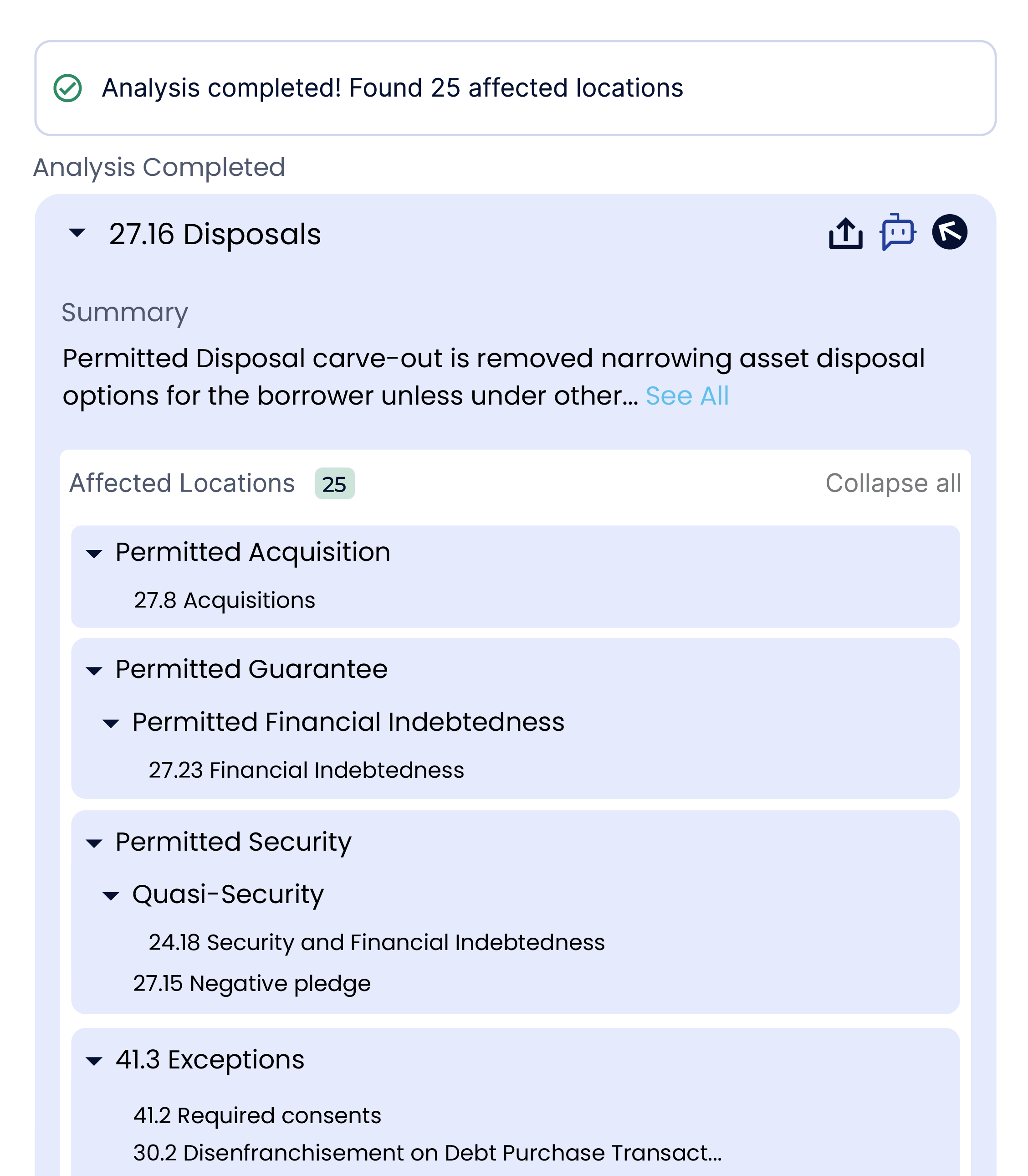A screenshot showing the Definely Cascade sidebar, and that the locations show specific clauses etc.
