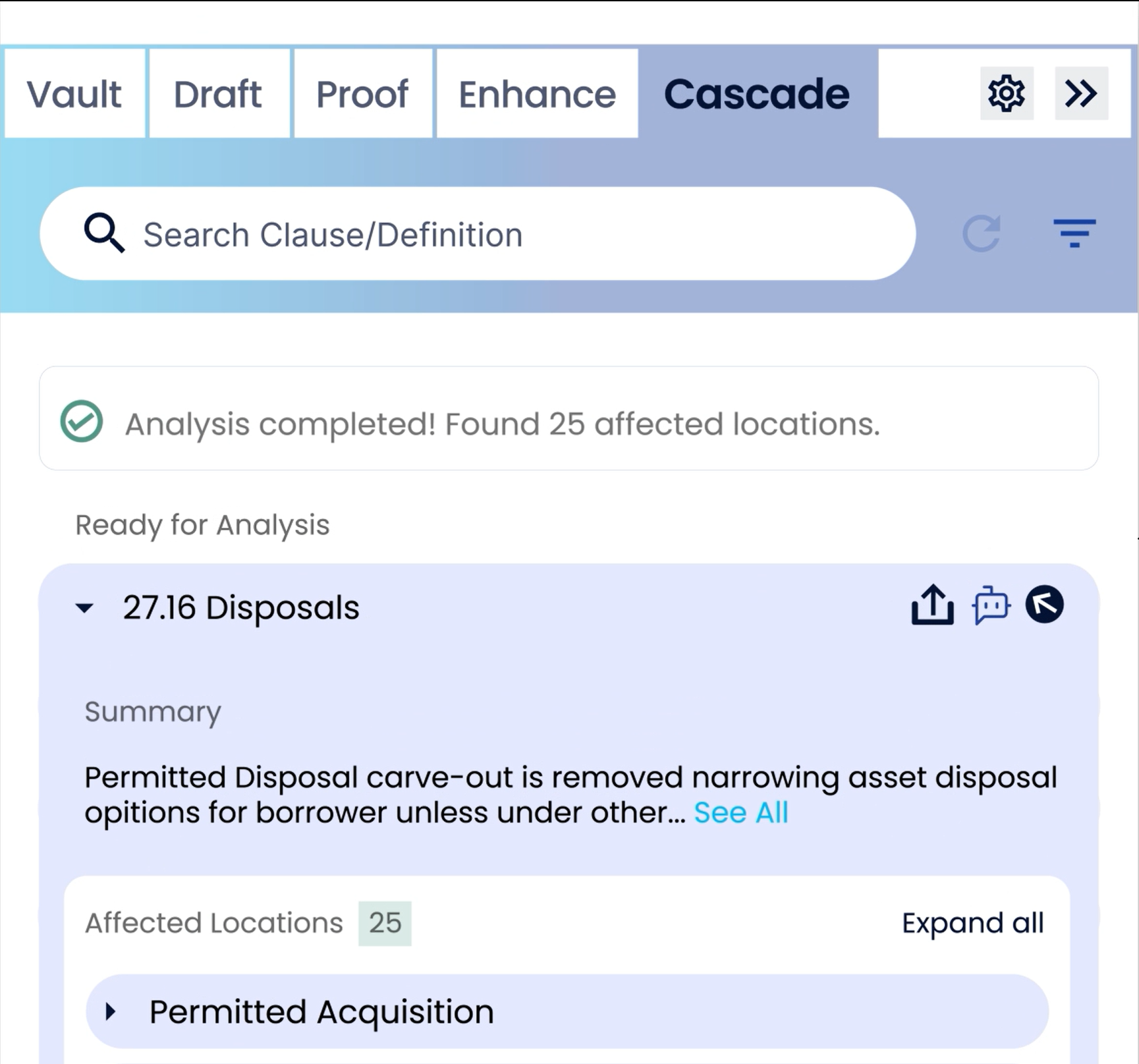 A screenshot of the Cascade sidebar, showing that an analysis has been completed and 25 affected locations have been found.