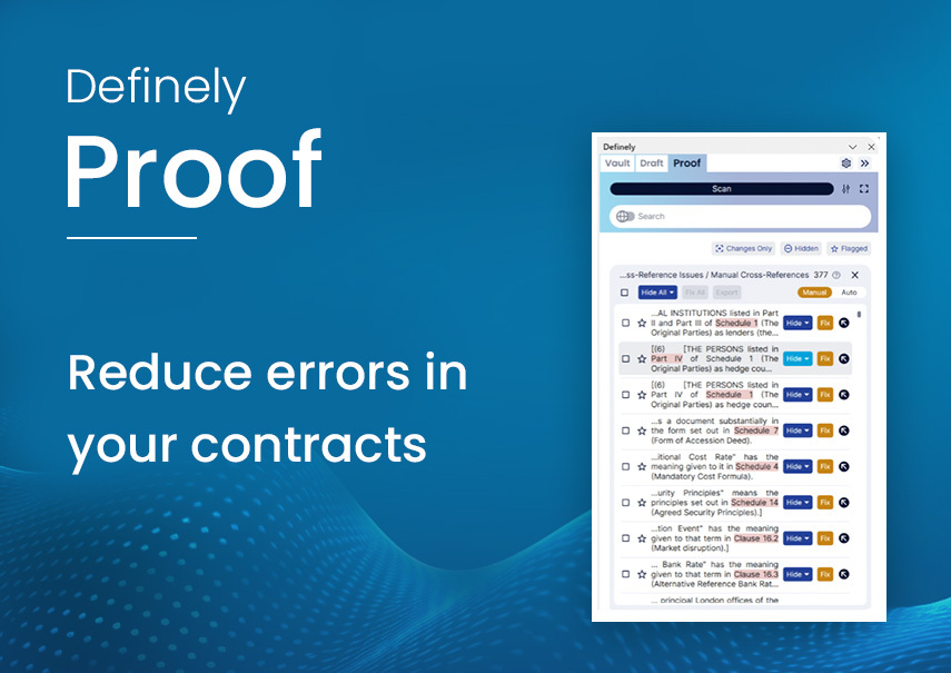 Text reads 'Definely Proof: Reduce errors in your contracts" with a screenshot of the sidebar.