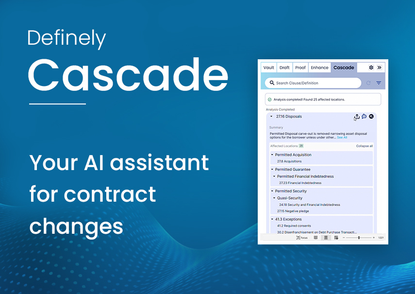 Text reads 'Definely Cascade: Your AI assistant for contract changes", with a screenshot of the sidebar.