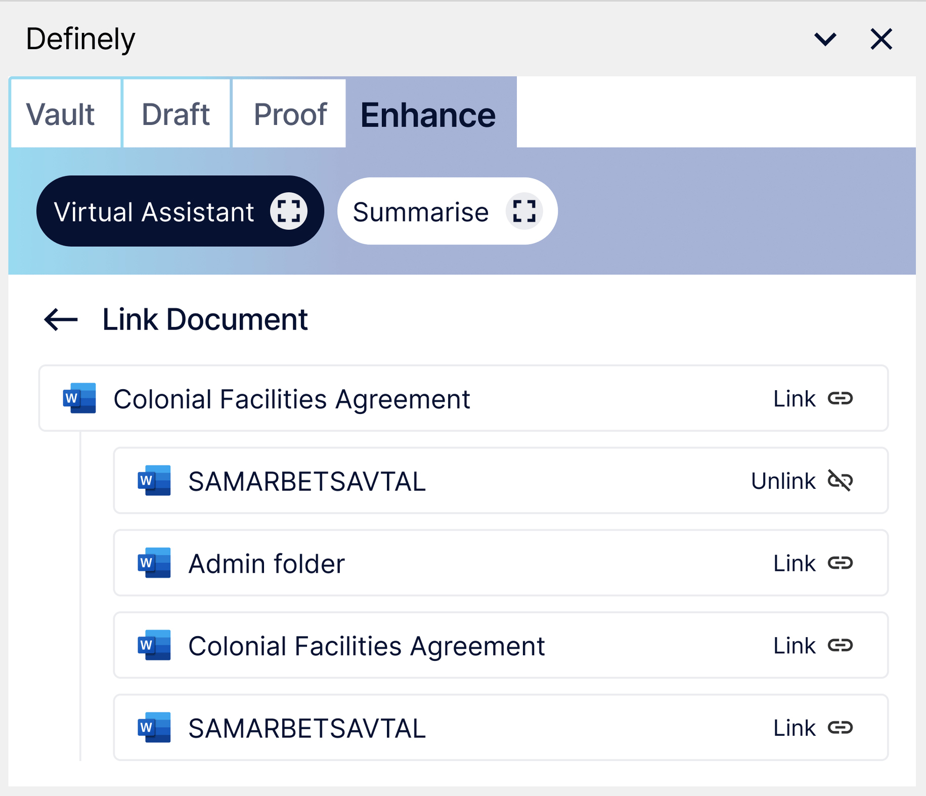 This shows the link tool in action, selecting documents from Definely Vault