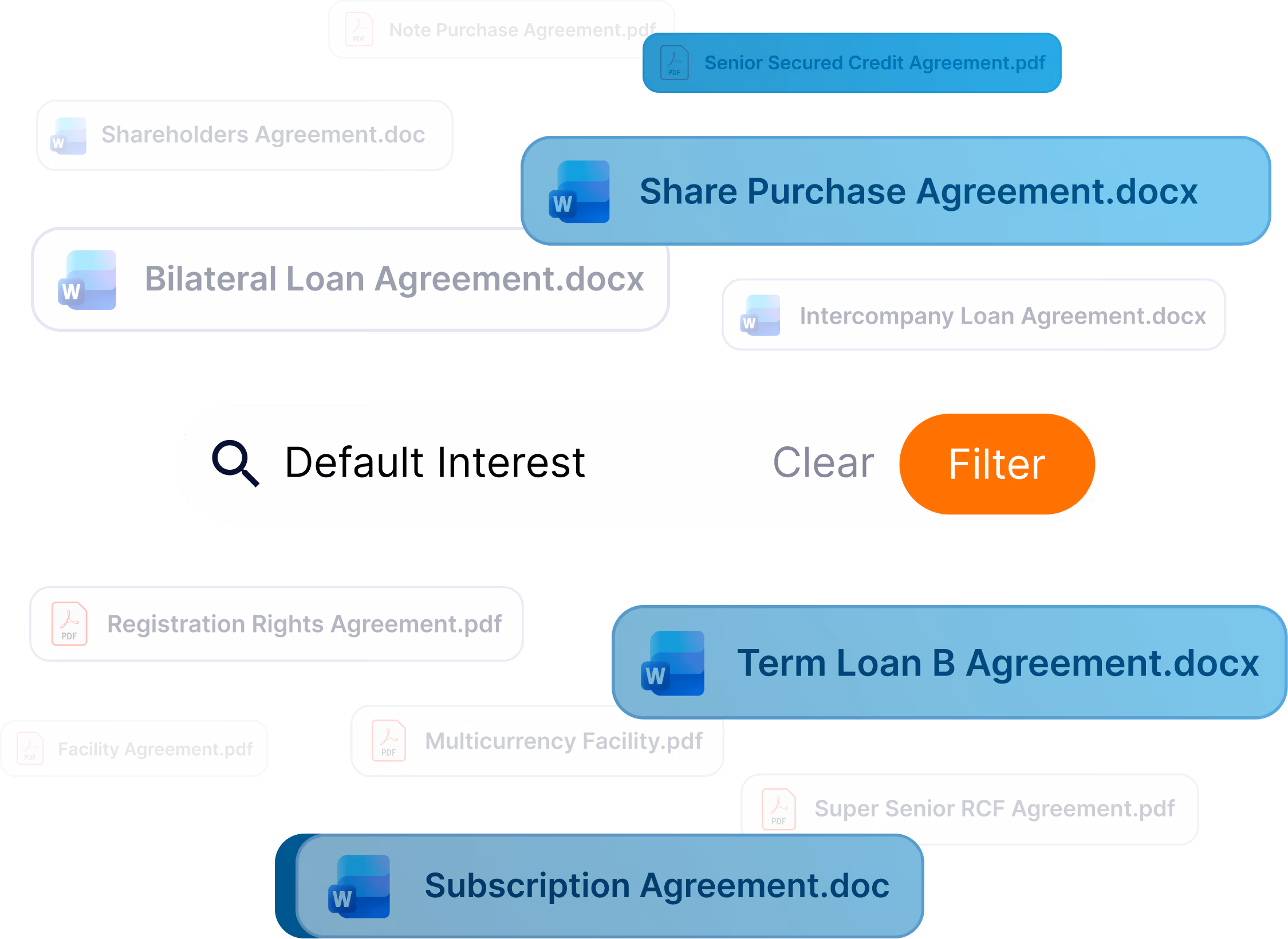 a graphic visual with a text box in the foreground saying 'Default interest', with a button that says 'filter'. In the background you can see all the documents that relate to this term.