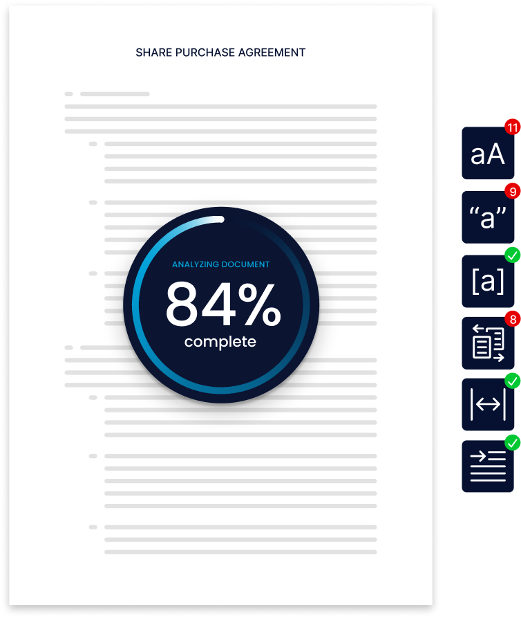 Document titled 'Share Purchase Agreement' with an overlay showing 84% of document analysis complete.