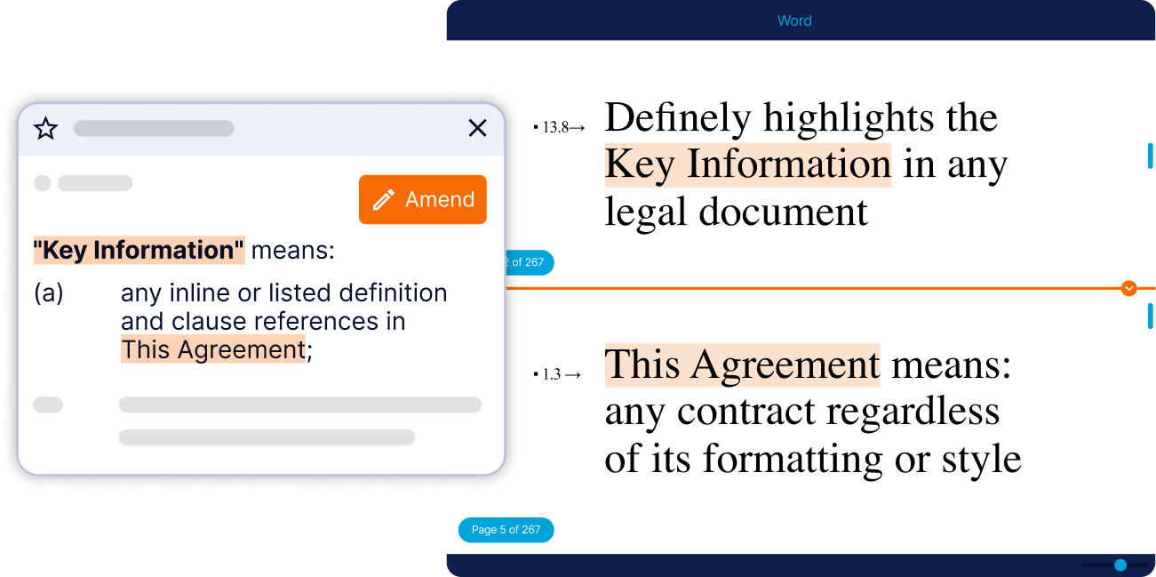Screenshot showing a definition of 'Key Information' highlighting its meaning as any inline or listed definition and clause references in this agreement, alongside a related document page emphasizing that key information highlights content in any legal document and defines this agreement as any contract regardless of formatting or style.
