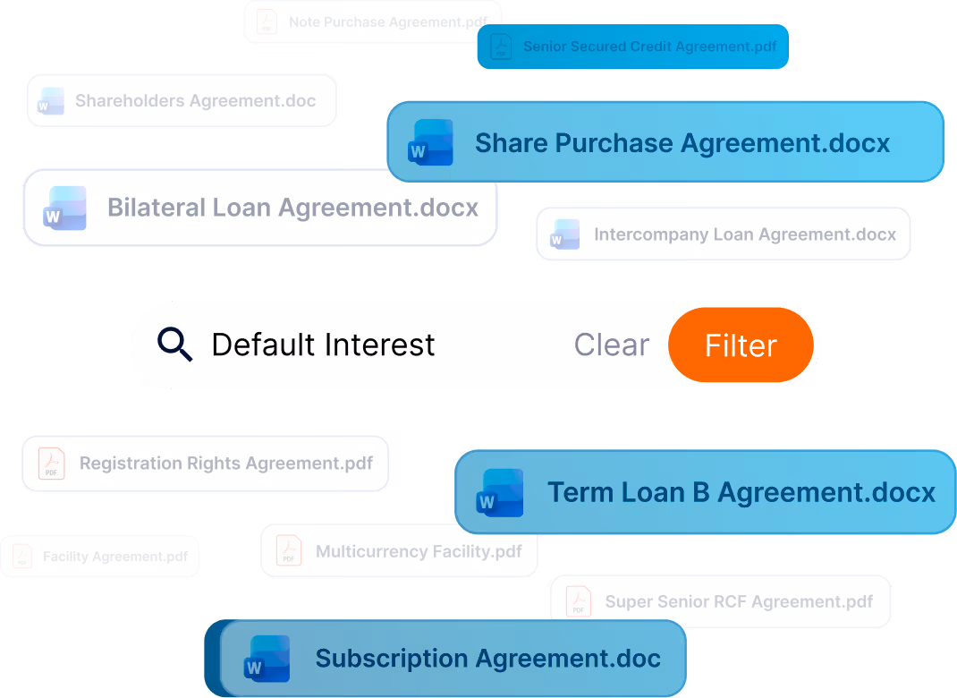 Search interface displaying filtered legal documents related to 'Default Interest' including various agreements in PDF and Word formats.