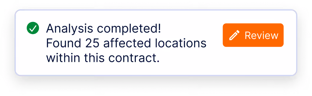 Notification box with a green check icon and text saying 'Analysis completed! Found 25 affected locations within this contract.' and an orange Review button with a pencil icon.