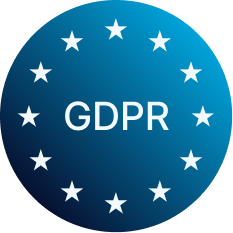 Blue circular emblem with white stars forming a circle around the letters GDPR in the center.