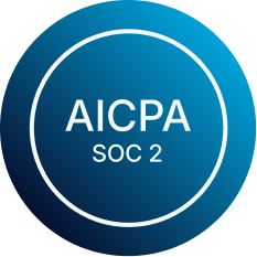 Blue circular badge with white text AICPA SOC 2 inside a white ring.