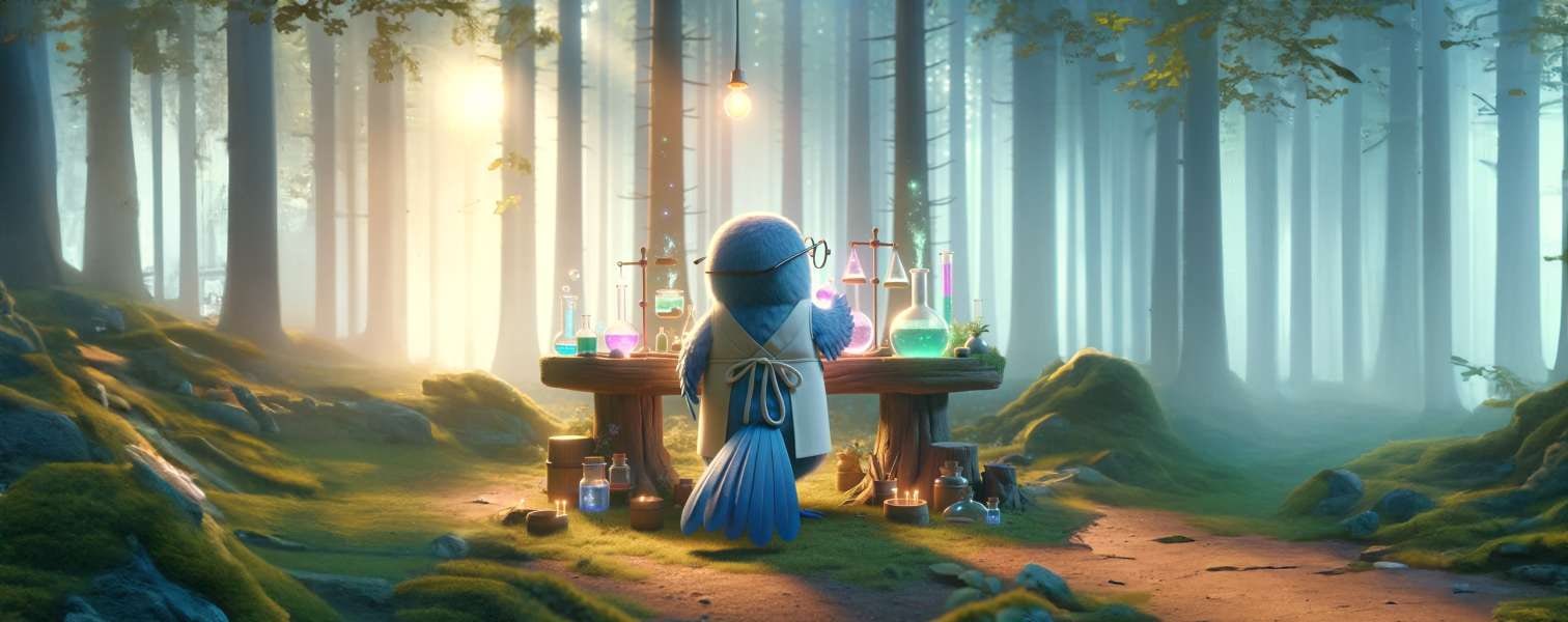 Blue bird in a lab coat mixing potions in a forest