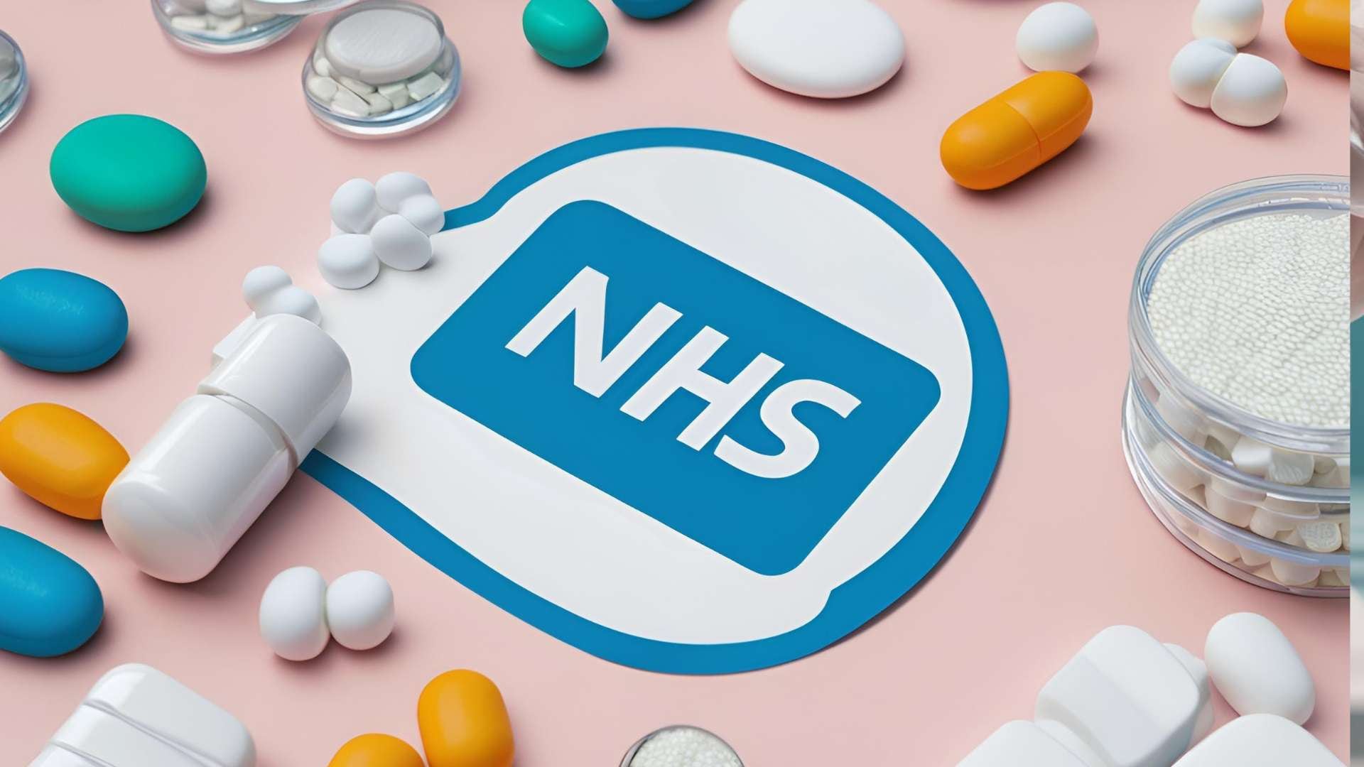NHS logo surrounded by various pills and capsules