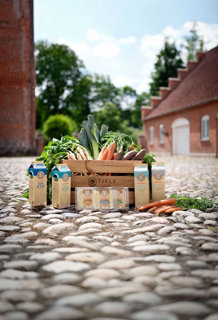 Fresh vegetables and Danish dairy products displayed at Tjele Gods for føtex.