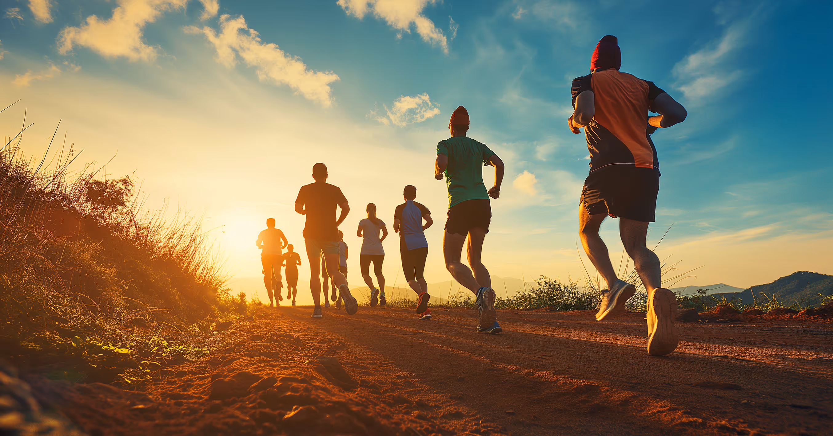 Group from the 39ERS RUN CLUB on a 5K run outdoors as the sun rises.