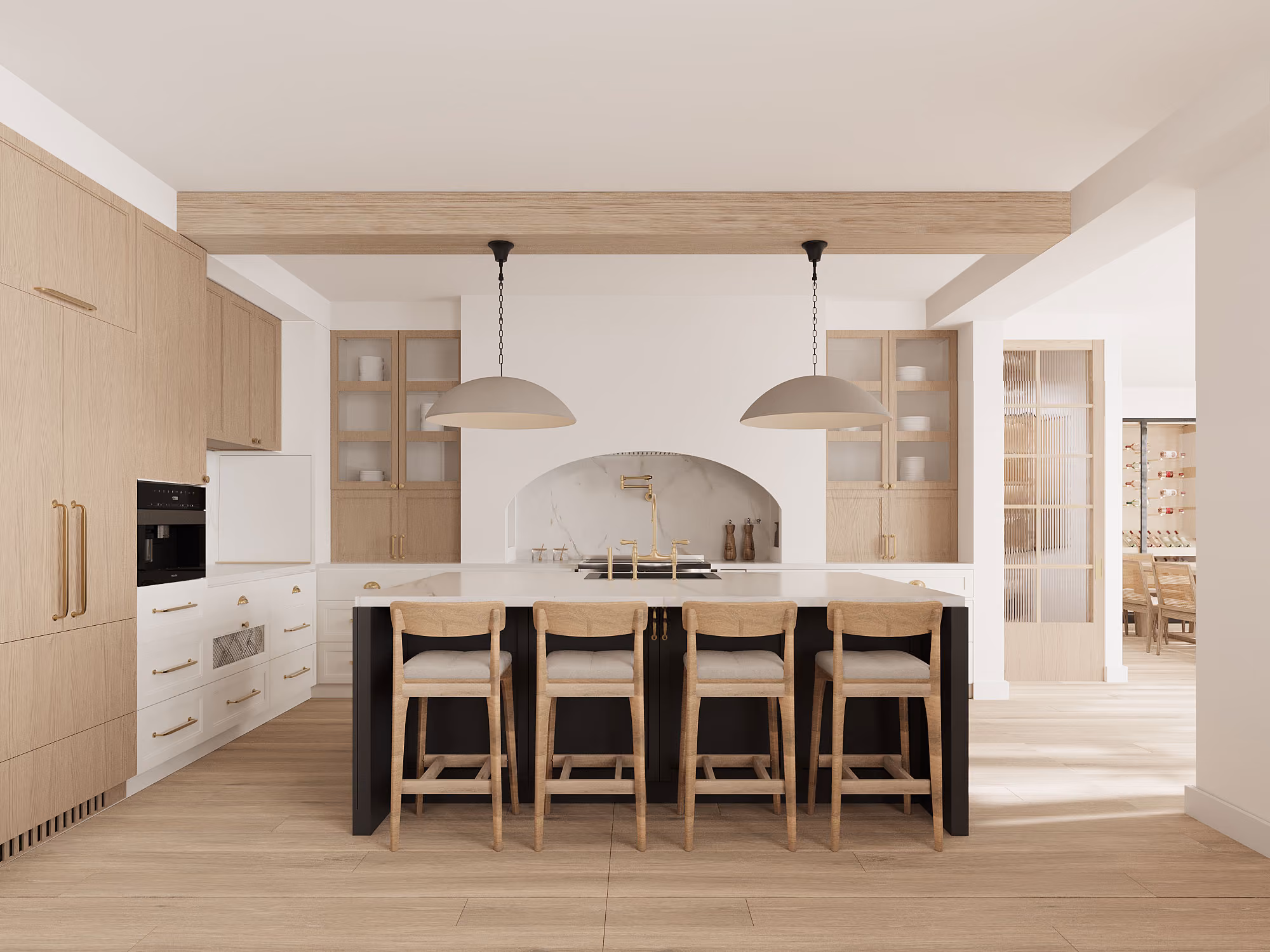 Modern kitchen with black cabinets, marble countertops and backsplash, wood floor, and open shelving with dishes.