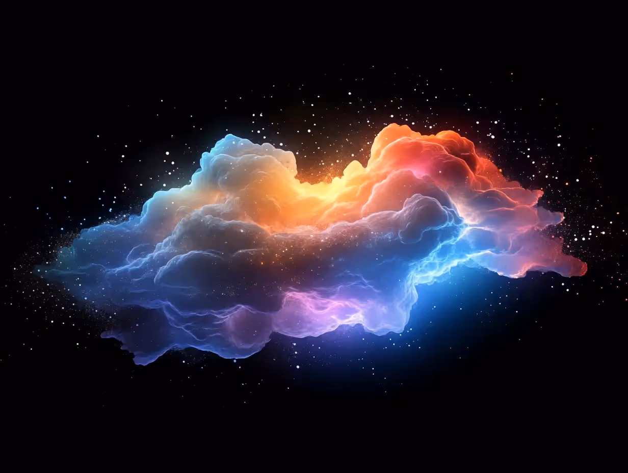 A colorful cloud in space with a purple and blue center.