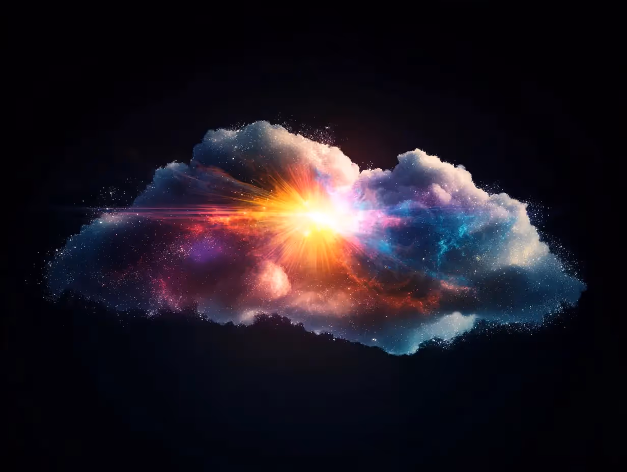 A cloudy sky with a bright sun in the middle.