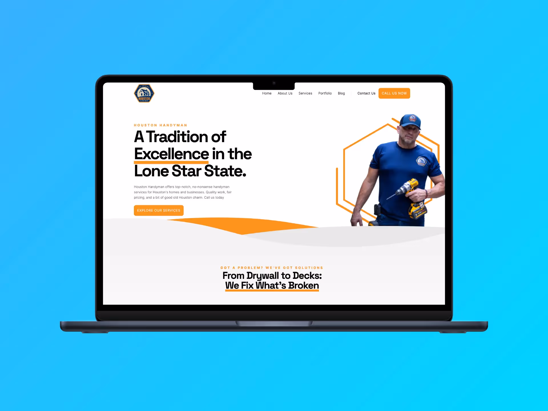 An elegant mockup of the Houston Handyman website displayed across three tablets, each set against a sky blue background. Designed by Nimbus Media, this presentation highlights the website's sophisticated and user-friendly design on multiple devices.