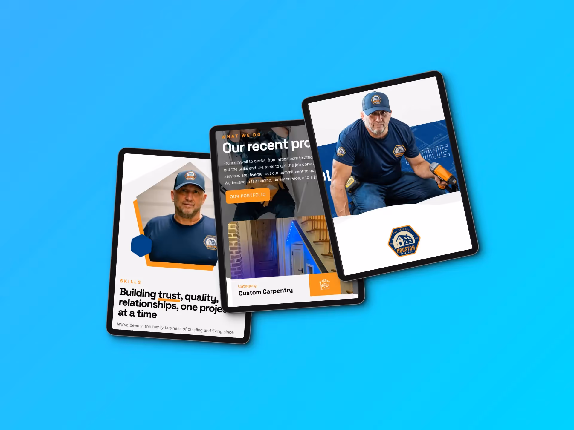 An elegant mockup of the Houston Handyman website displayed across three tablets, each set against a sky blue background. Designed by Nimbus Media, this presentation highlights the website's sophisticated and user-friendly design on multiple devices.